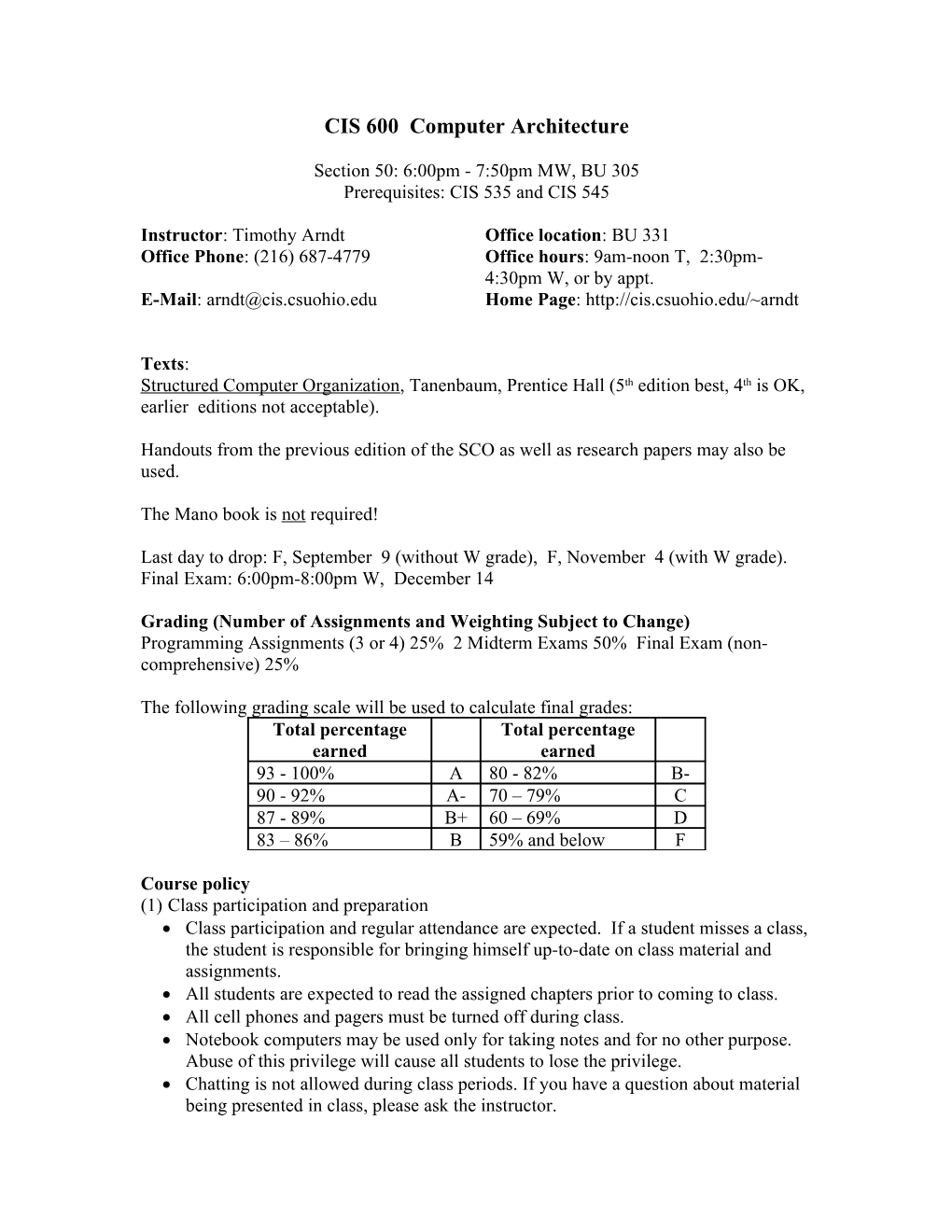 CIS 260 Computer Programming I in C s1