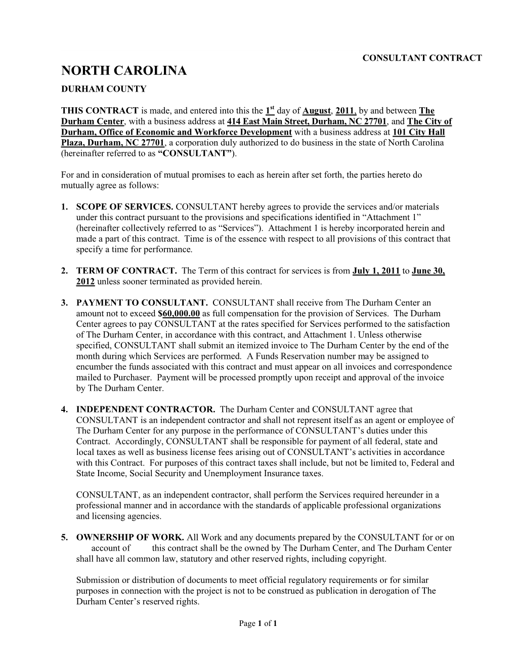 WIA Contract Between the City of Durham and Community