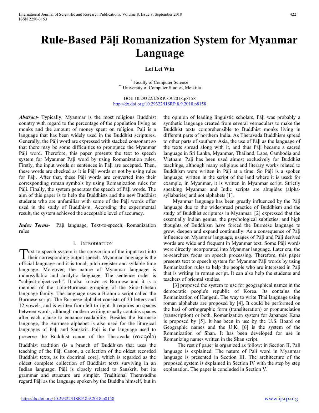 Rule-Based Pāḷi Romanization System for Myanmar Language