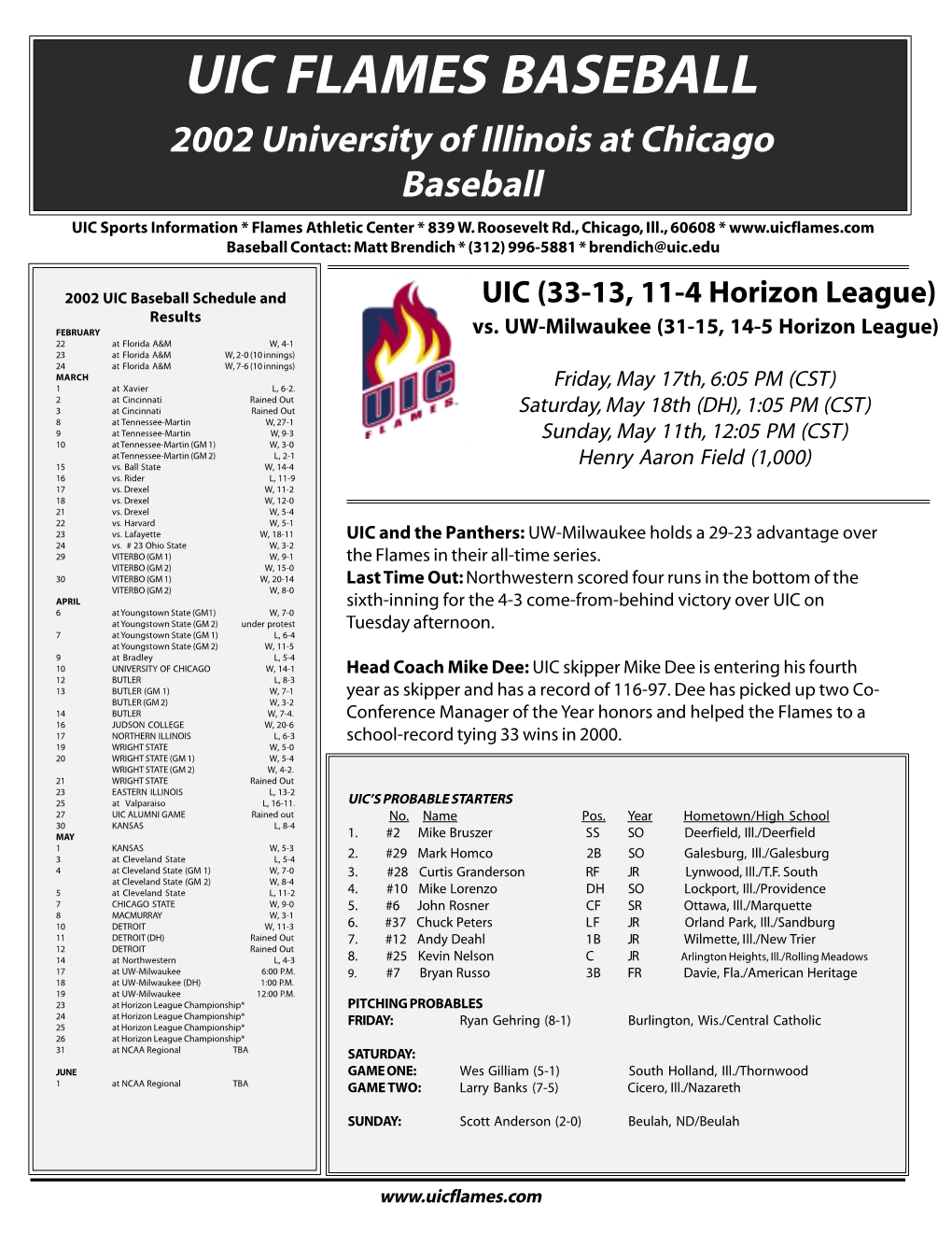 UIC FLAMES BASEBALL 2002 University of Illinois at Chicago Baseball UIC Sports Information * Flames Athletic Center * 839 W