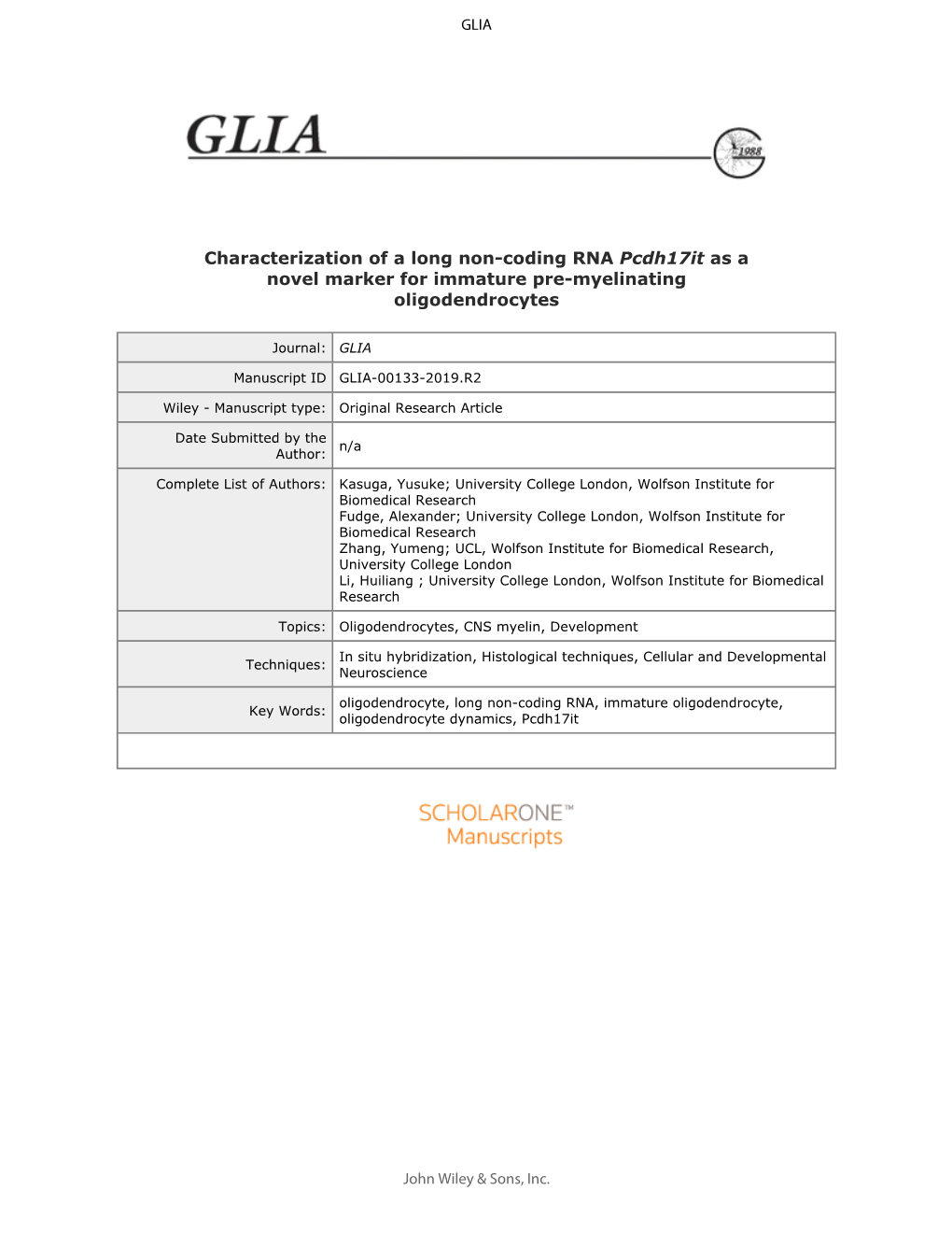 Characterization of a Long Non-Coding RNA Pcdh17it As a Novel Marker for Immature Pre-Myelinating Oligodendrocytes