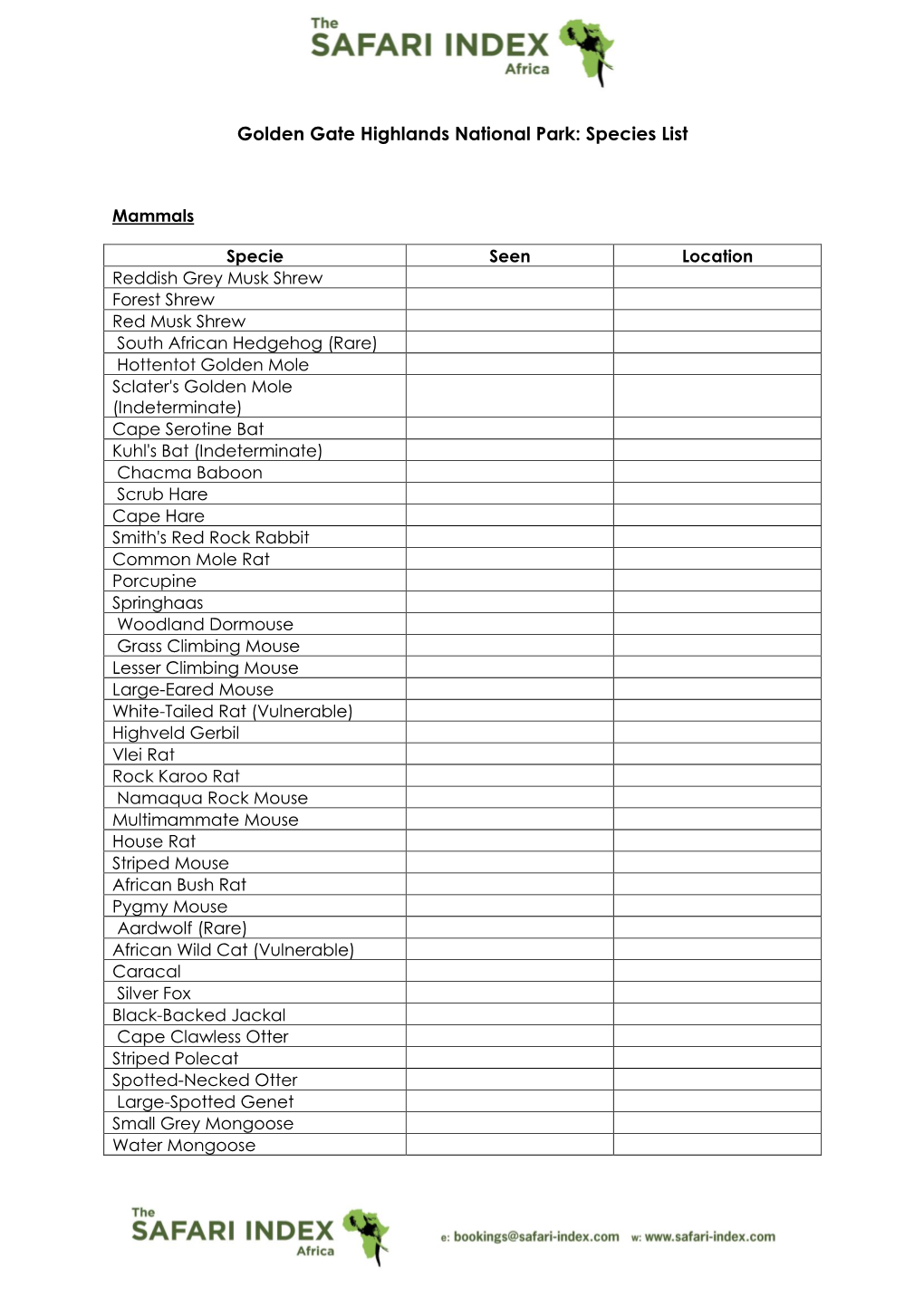 Golden Gate Highlands National Park: Species List