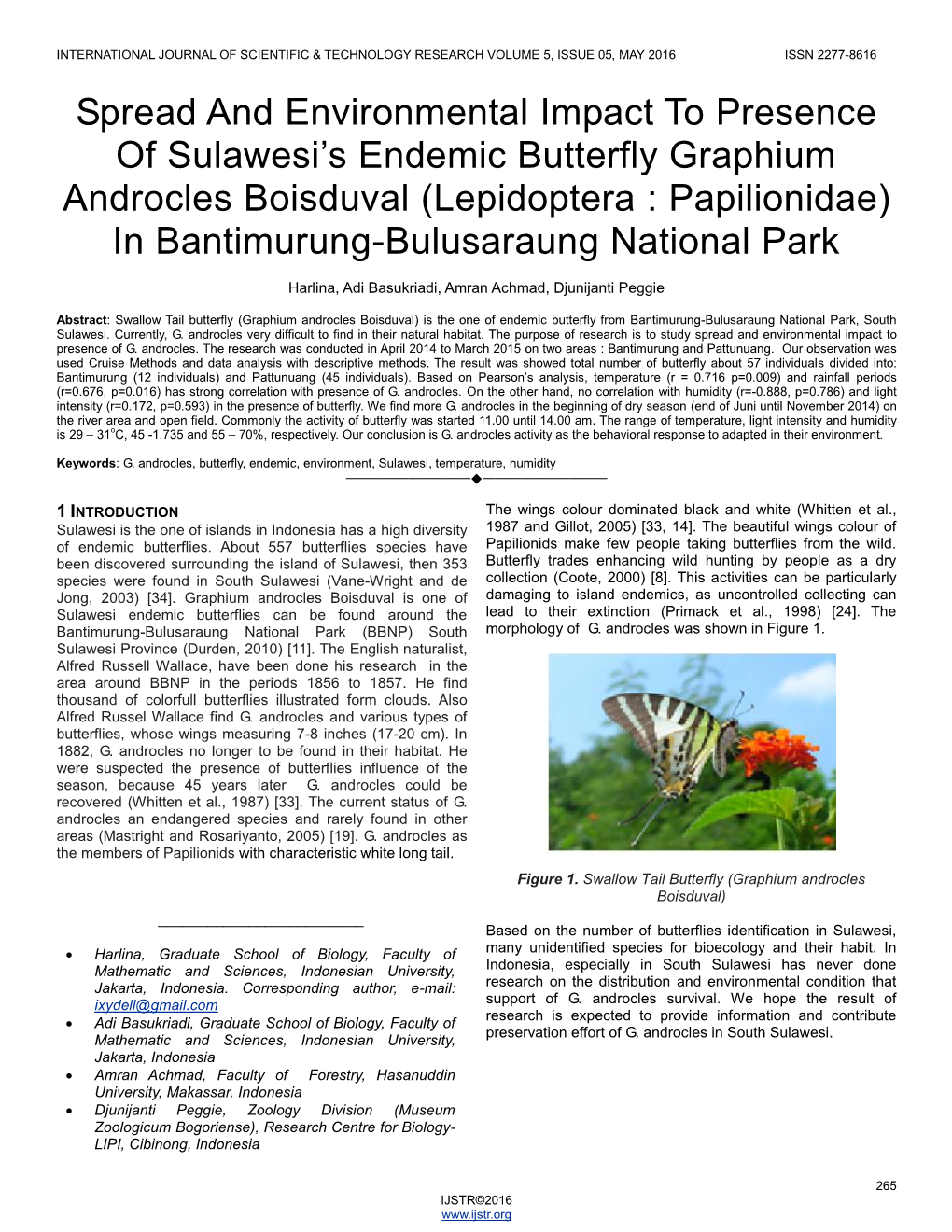 Spread and Environmental Impact to Presence of Sulawesi S Endemic Butterfly Graphium Androcles Boisduval