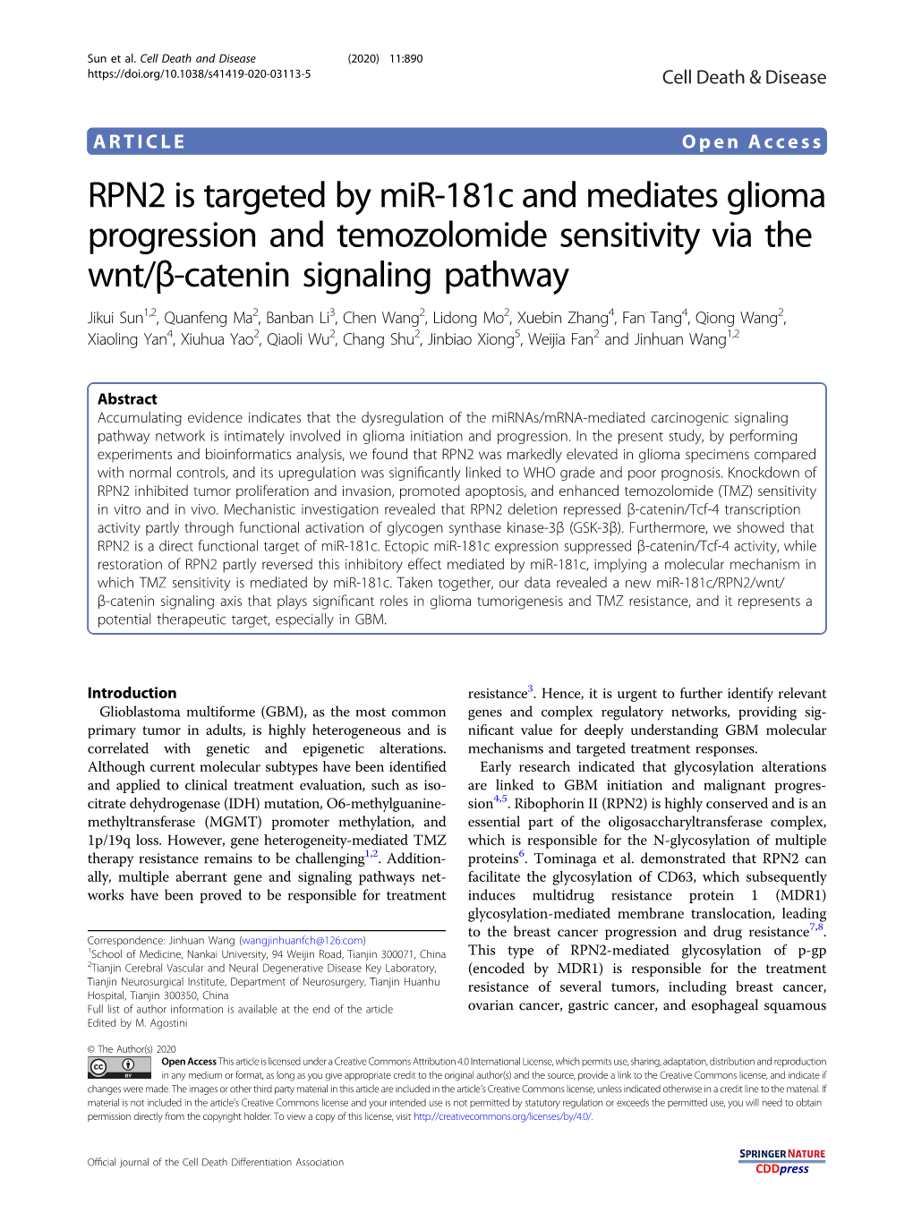 RPN2 Is Targeted by Mir-181C and Mediates Glioma Progression and Temozolomide Sensitivity Via the Wnt/Β-Catenin Signaling Pathw