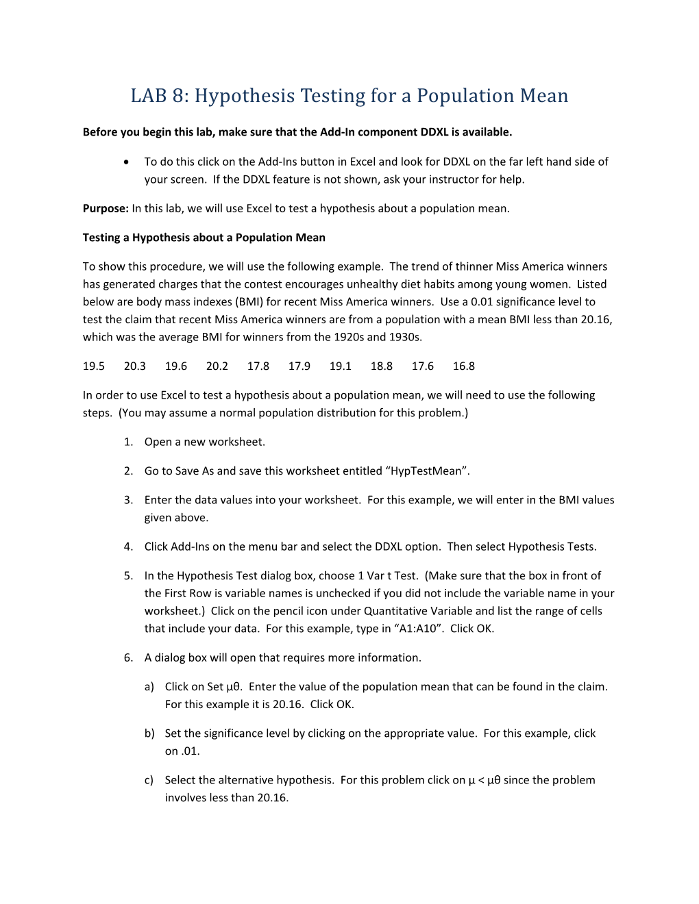 LAB 8: Hypothesis Testing for a Population Mean