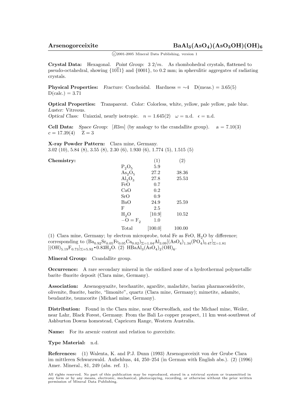 Arsenogorceixite Baal3(Aso4)(Aso3oh)(OH)6 C 2001-2005 Mineral Data Publishing, Version 1