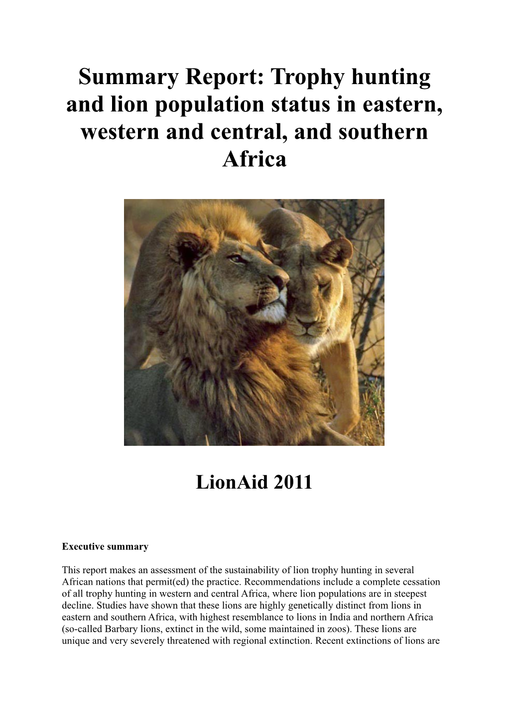 Trophy Hunting and Lion Population Status in Eastern, Western and Central, and Southern Africa