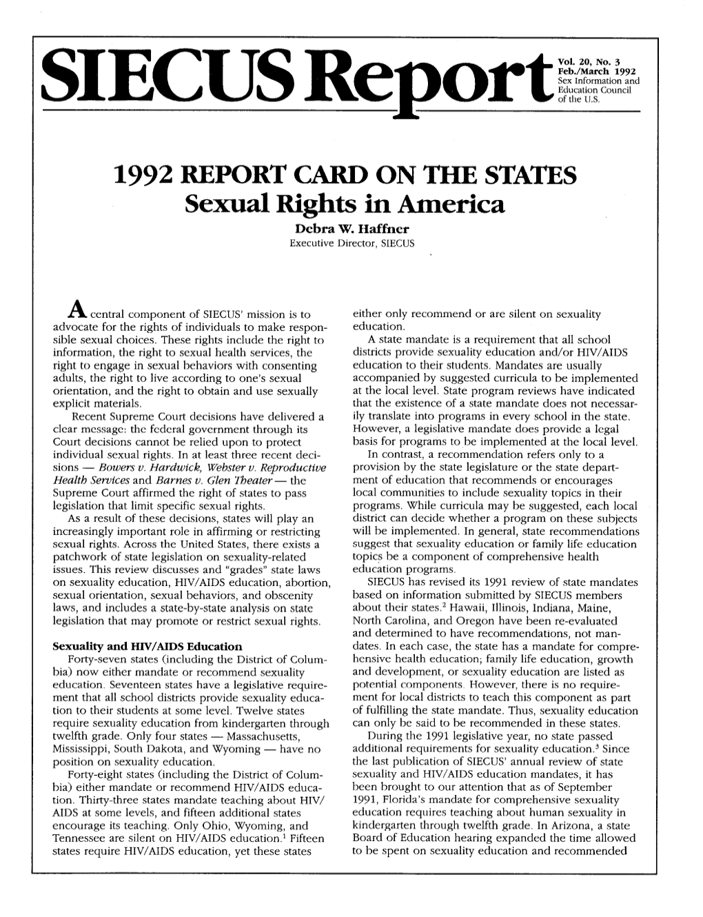 1992 REPORT CARD on the Stams Sexual Rights in America Debra W