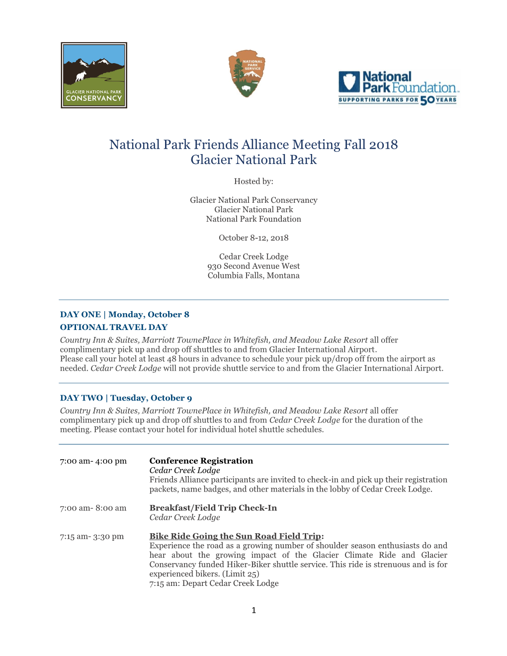 National Park Friends Alliance Meeting Fall 2018 Glacier National Park