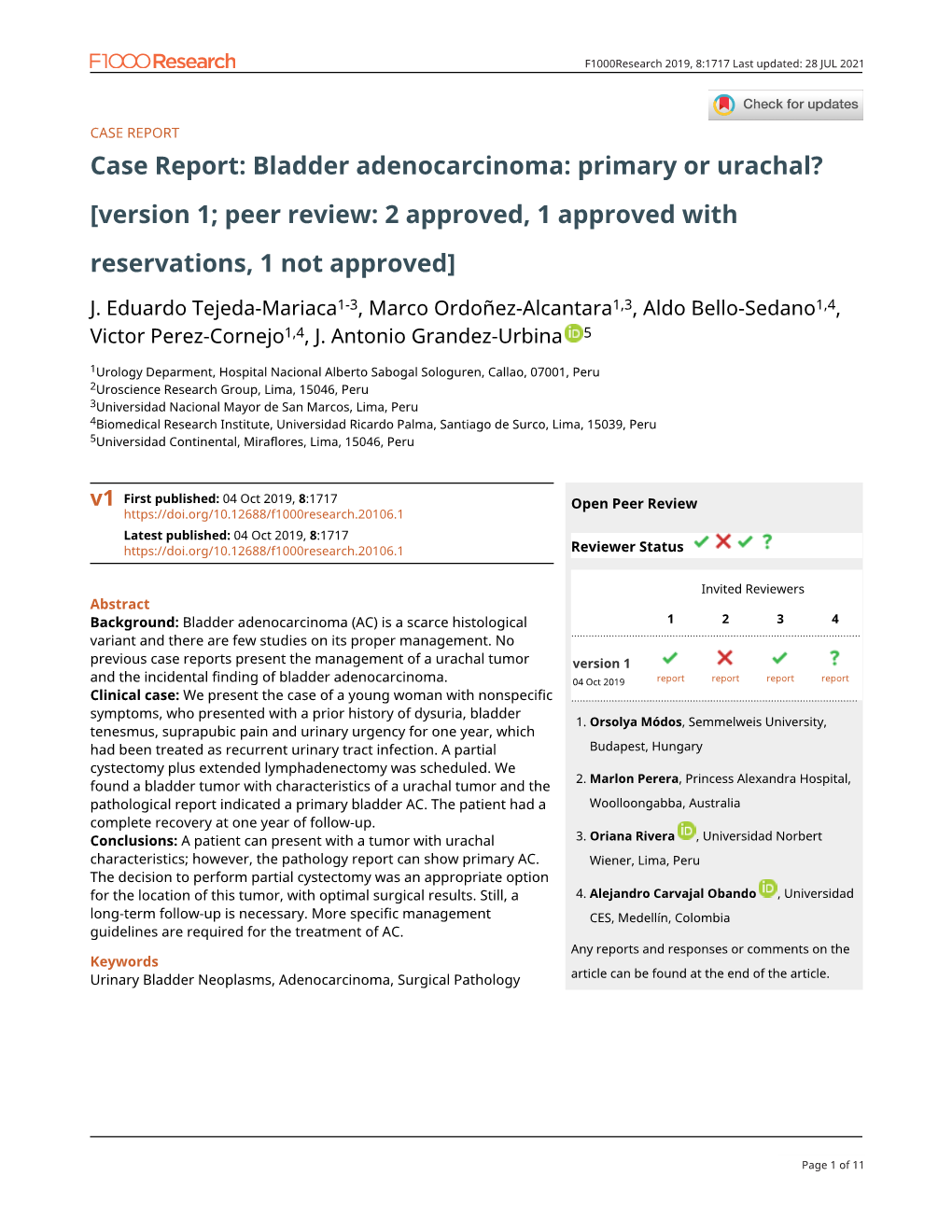 Case Report: Bladder Adenocarcinoma: Primary Or Urachal? [Version 1; Peer Review: 2 Approved, 1 Approved with Reservations, 1 Not Approved]