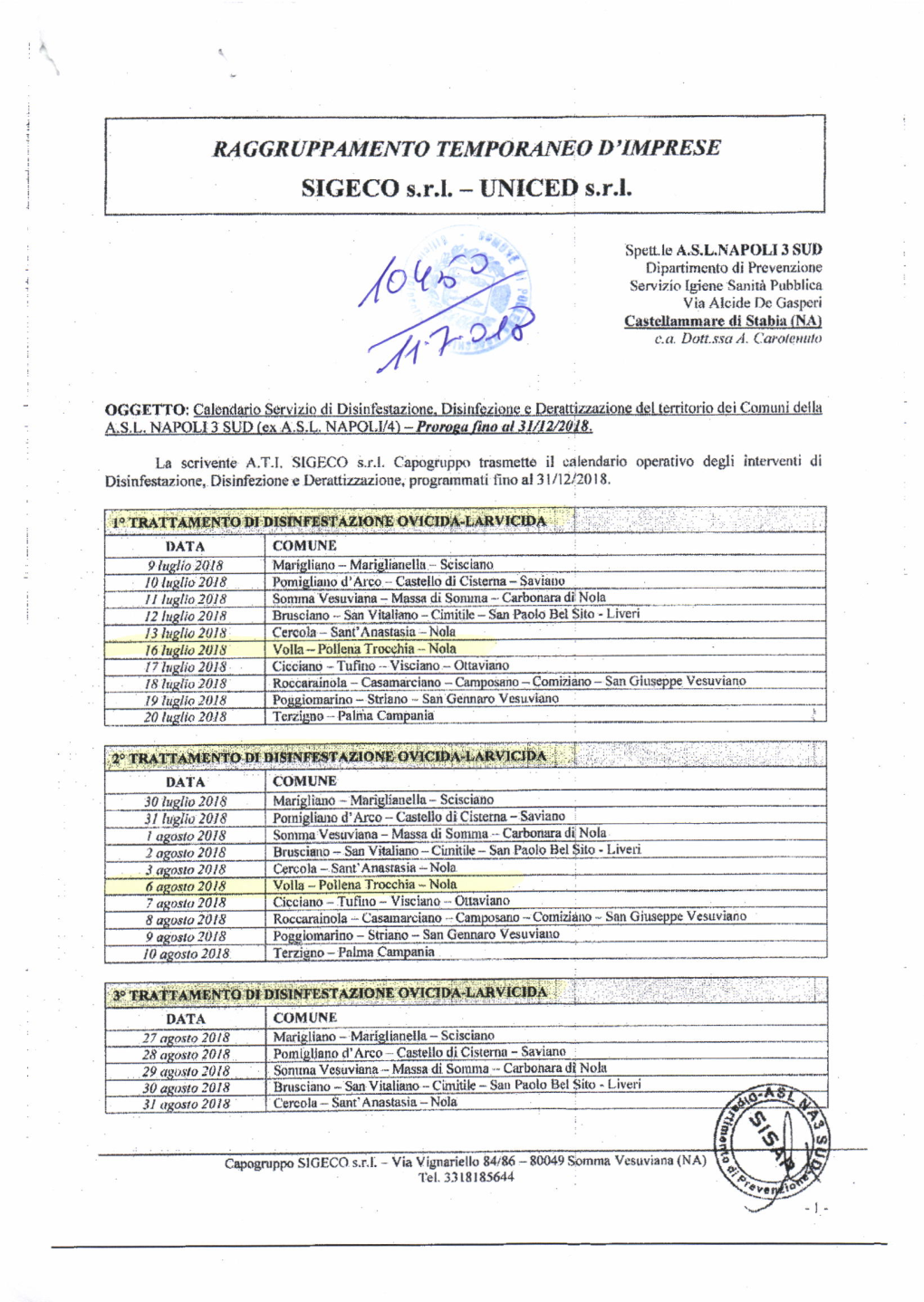 Calendario Disinfestazione E Derattizzazione Luglio-Dicembre 2018.Pdf