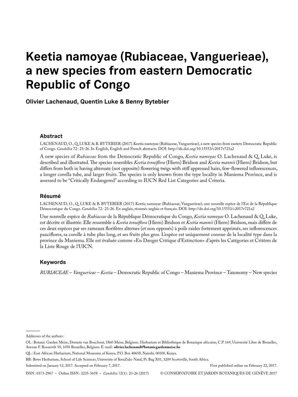 Keetia Namoyae (Rubiaceae, Vanguerieae), a New Species from Eastern Democratic Republic of Congo