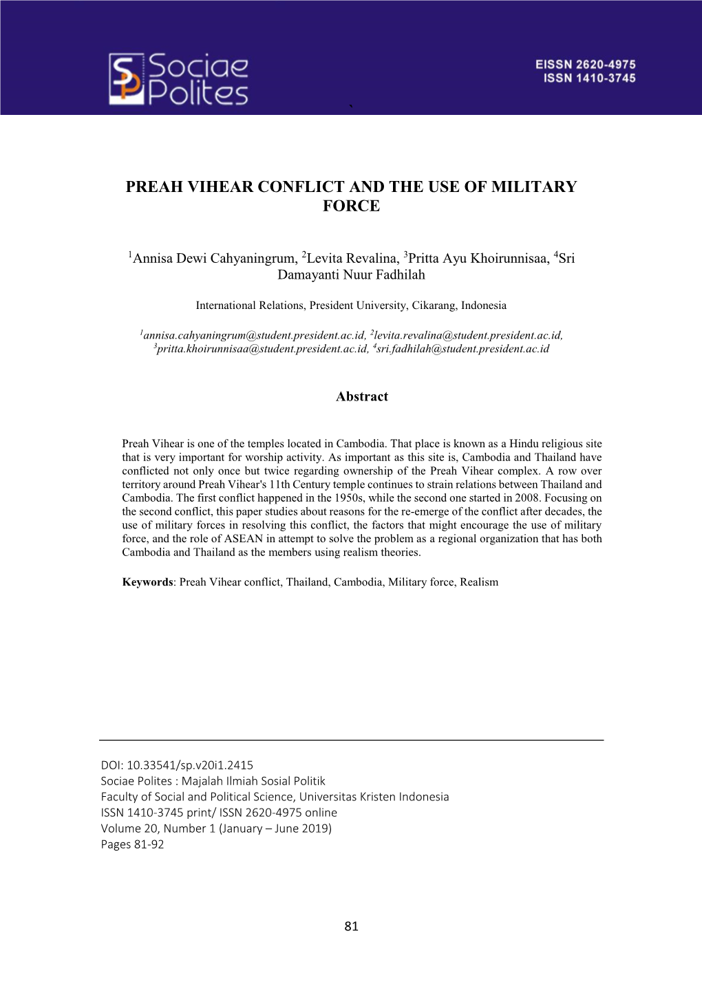 ` Preah Vihear Conflict and the Use of Military Force