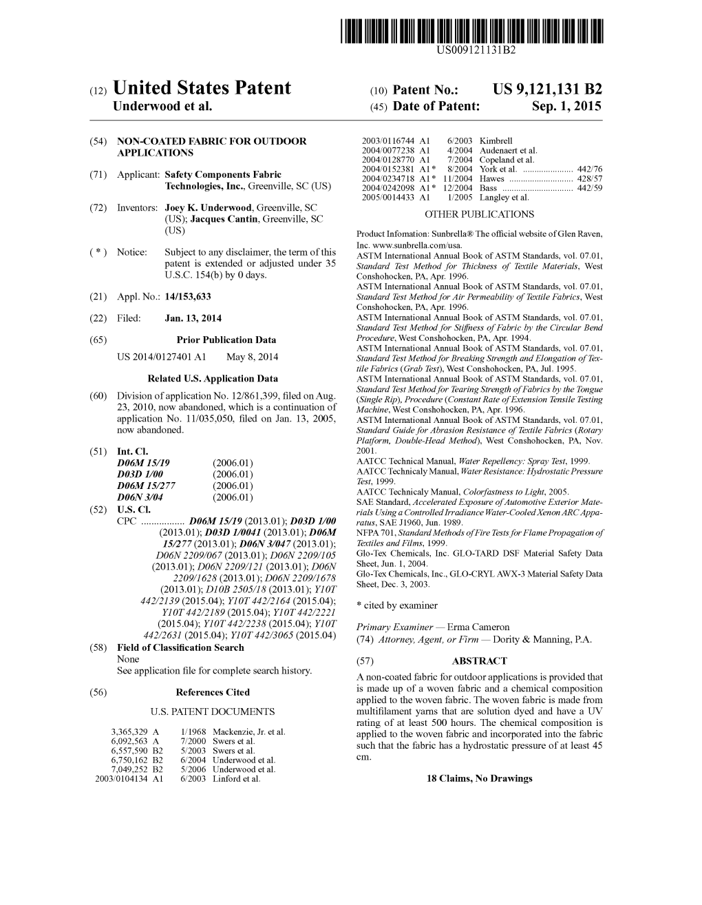 (12) United States Patent (10) Patent No.: US 9,121,131 B2 Underwoodet Al