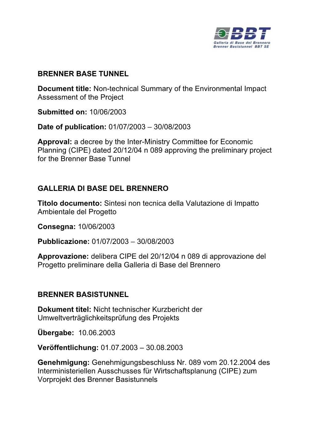 BRENNER BASE TUNNEL Document Title: Non-Technical Summary of The