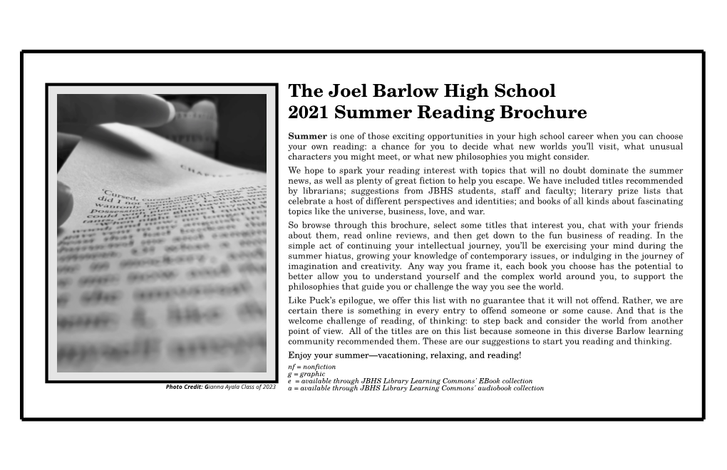 The Joel Barlow High School 2021 Summer Reading Brochure