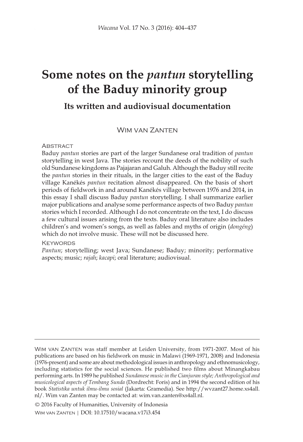 Some Notes on the Pantun Storytelling of the Baduy Minority Group Its Written and Audiovisual Documentation