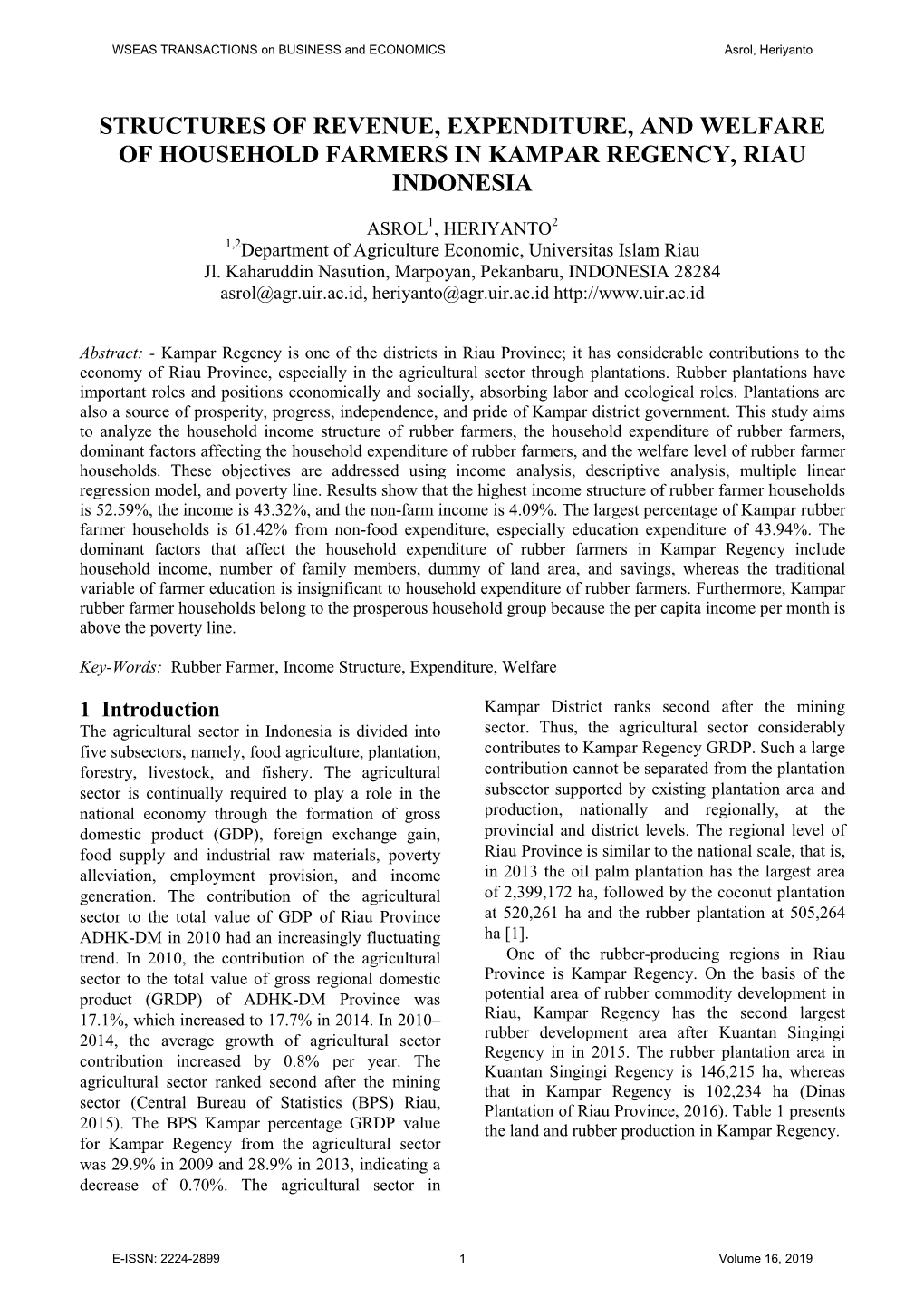 Structures of Revenue, Expenditure, and Welfare of Household Farmers in Kampar Regency, Riau Indonesia