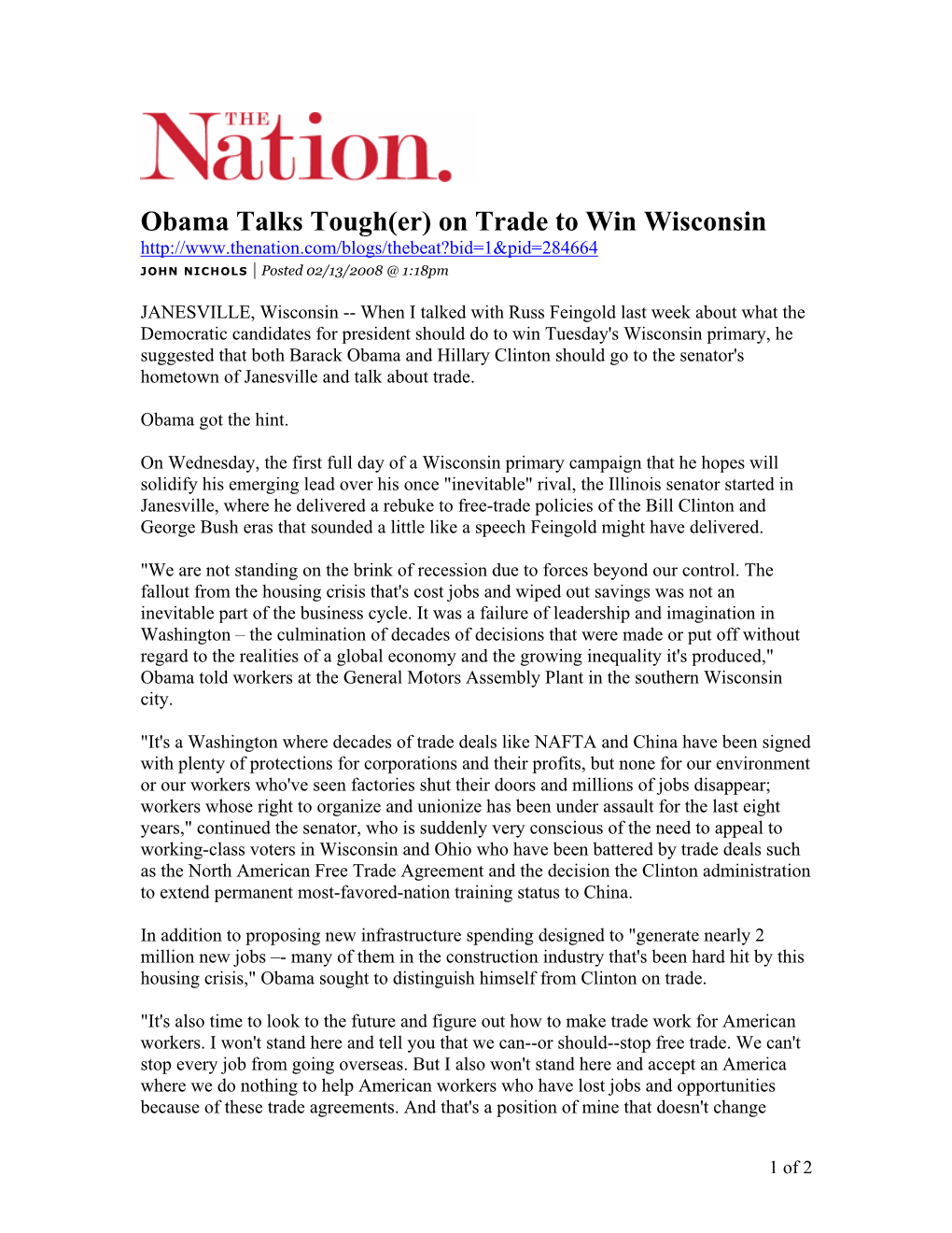 Obama Talks Tough(Er) on Trade to Win Wisconsin JOHN NICHOLS | Posted 02/13/2008 @ 1:18Pm