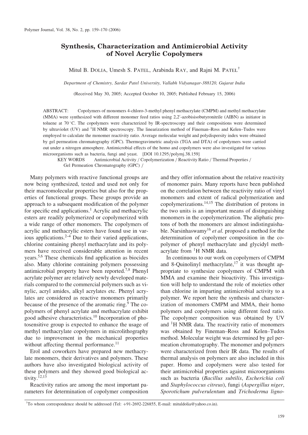 Synthesis, Characterization and Antimicrobial Activity of Novel Acrylic Copolymers