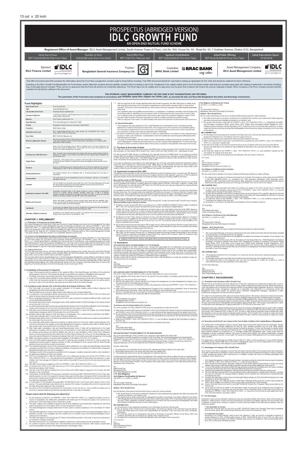 IDLC GROWTH FUND an OPEN-END MUTUAL FUND SCHEME Registered Office of Asset Manager: IDLC Asset Management Limited, South Avenue Tower (5 Floor), Unit No