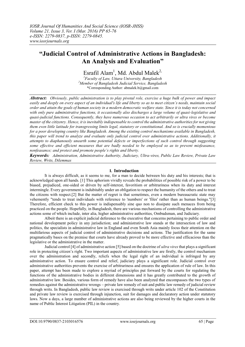 Judicial Control of Administrative Actions in Bangladesh: an Analysis and Evaluation”