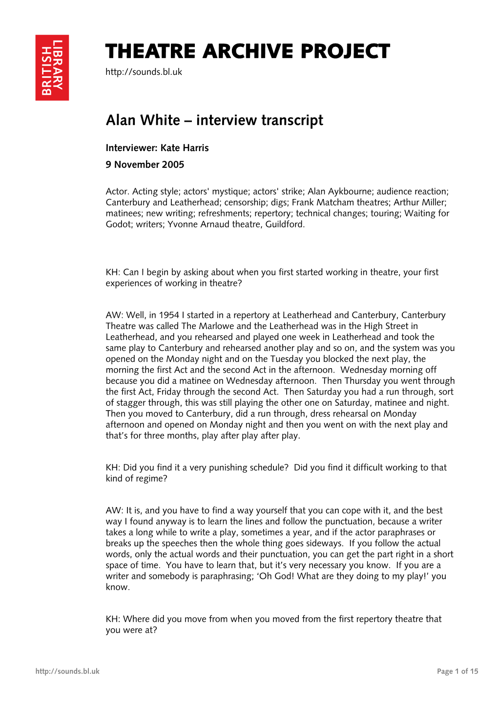 Theatre Archive Project: Interview with Alan White