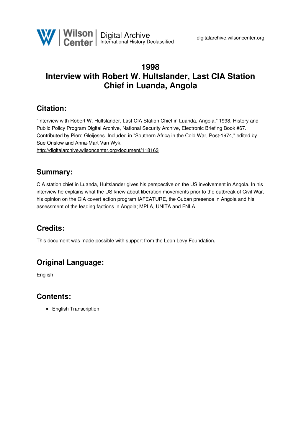 1998 Interview with Robert W. Hultslander, Last CIA Station Chief in Luanda, Angola
