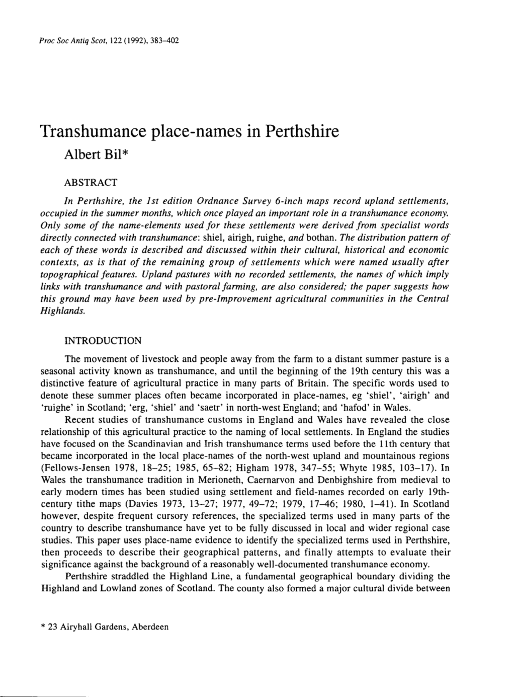 Transhumance Place-Names in Perthshire | 385