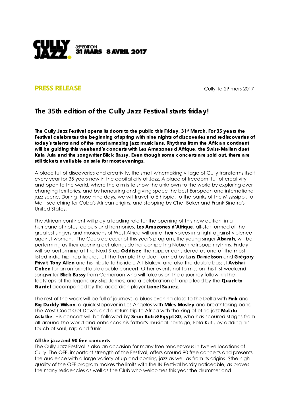 PRESS RELEASE the 35Th Edition of the Cully Jazz Festival Starts Friday!