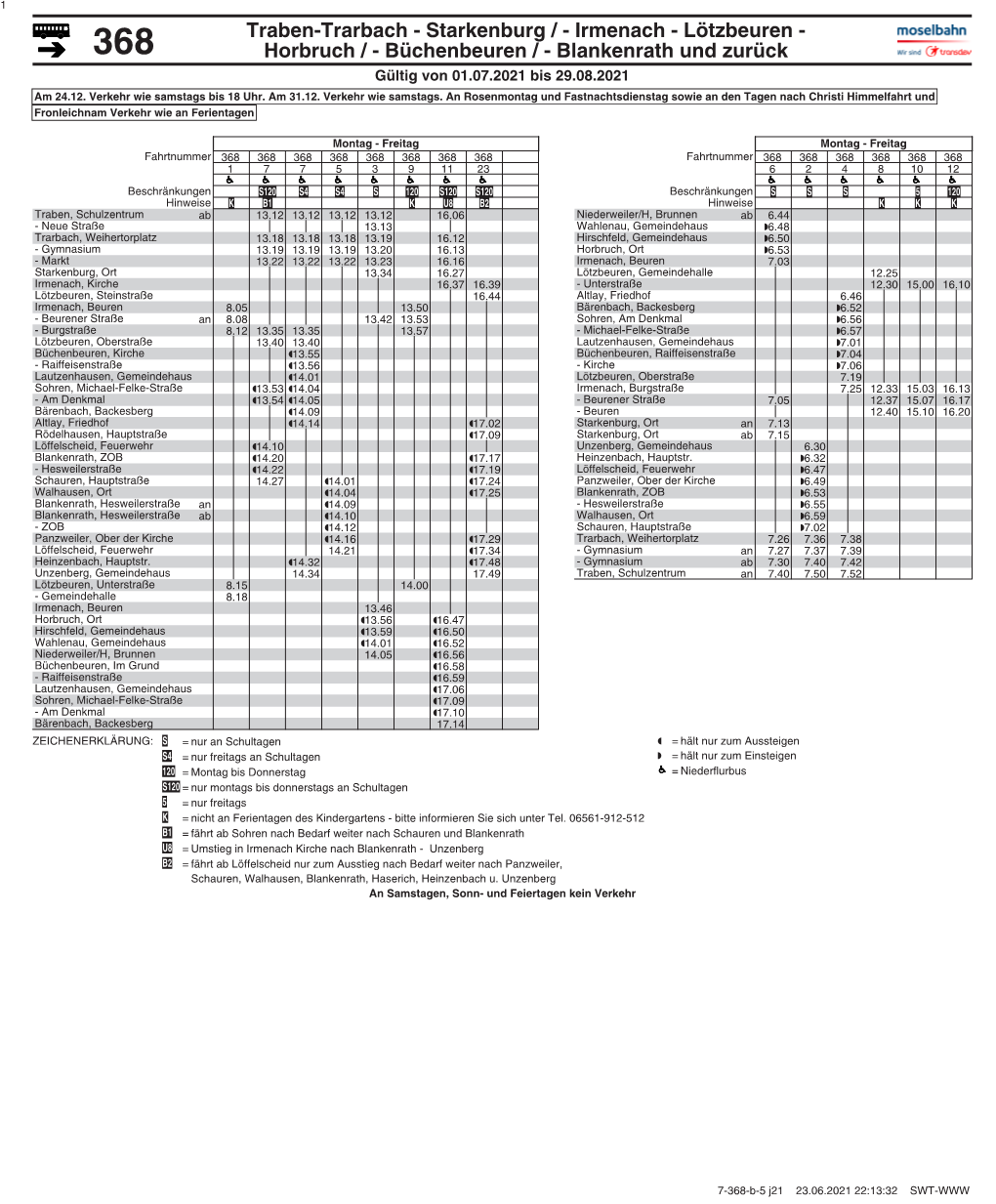 Traben-Trarbach - Starkenburg / - Irmenach - Lötzbeuren - 368 Horbruch / - Büchenbeuren / - Blankenrath Und Zurück Gültig Von 01.07.2021 Bis 29.08.2021 Am 24.12