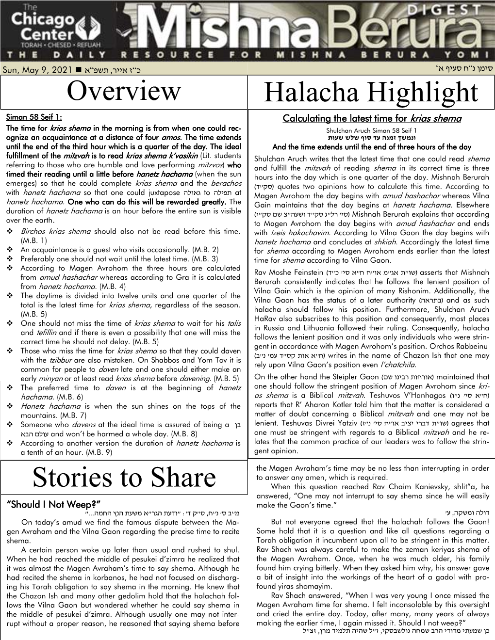 Stories to Share Overview Halacha Highlight