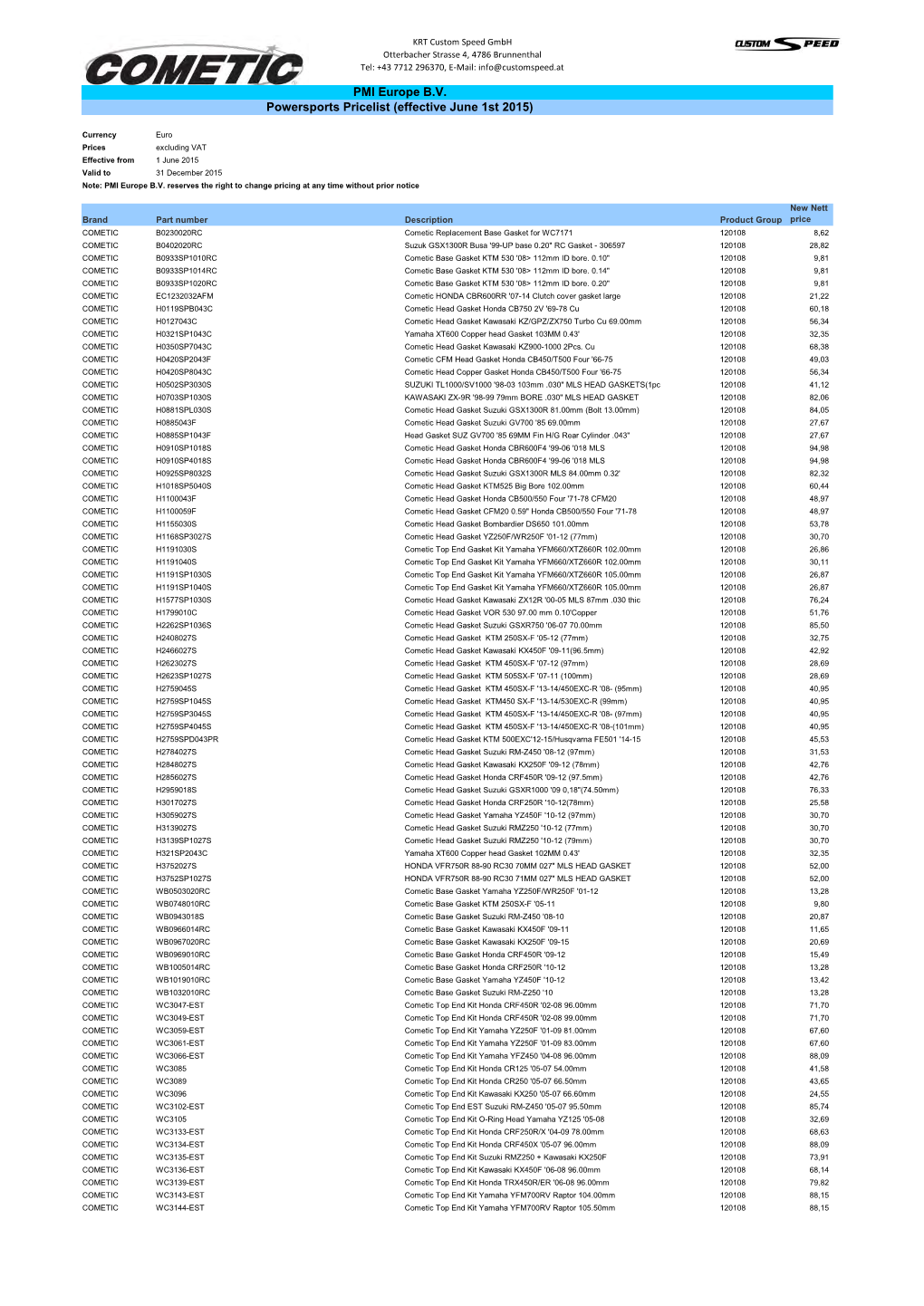 PMI Europe B.V. Powersports Pricelist (Effective June 1St 2015)