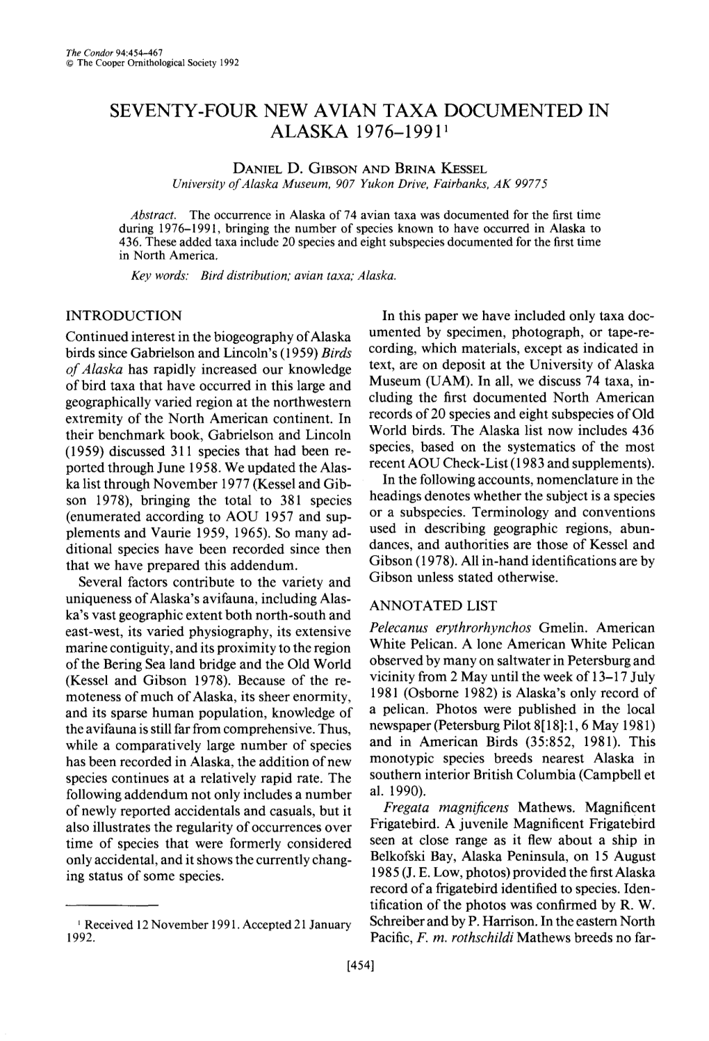 Seventy-Four New Avian Taxa Documented in Alaska 1976-1991’