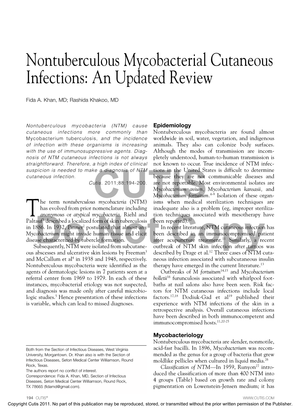 Nontuberculous Mycobacterial Cutaneous Infections: an Updated Review