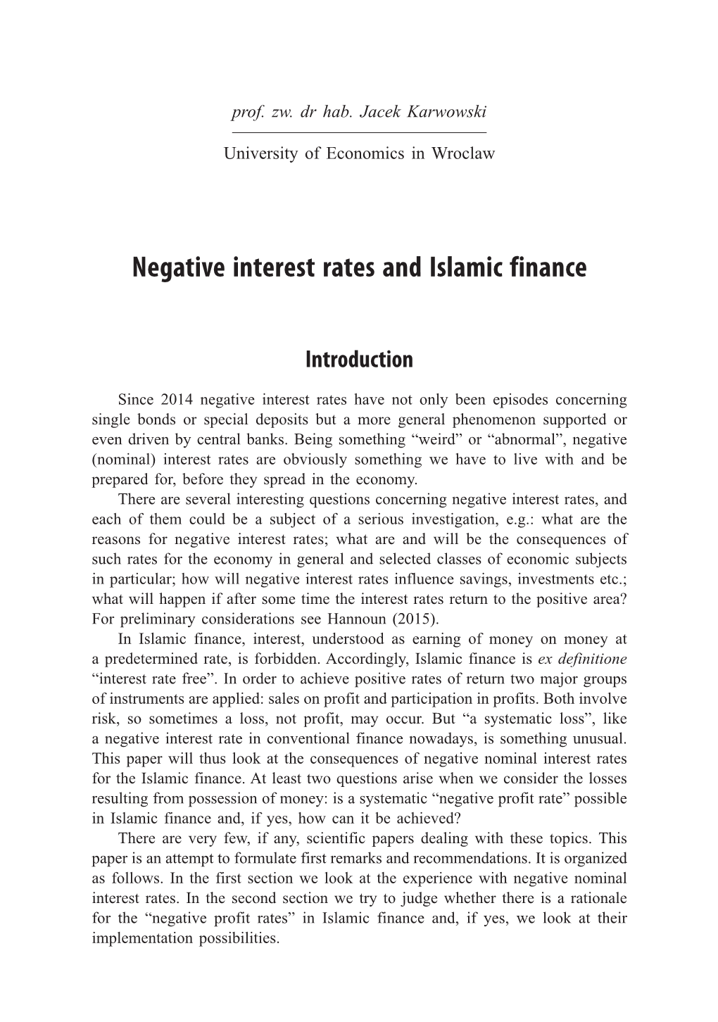 Negative Interest Rates and Islamic Finance Introduction