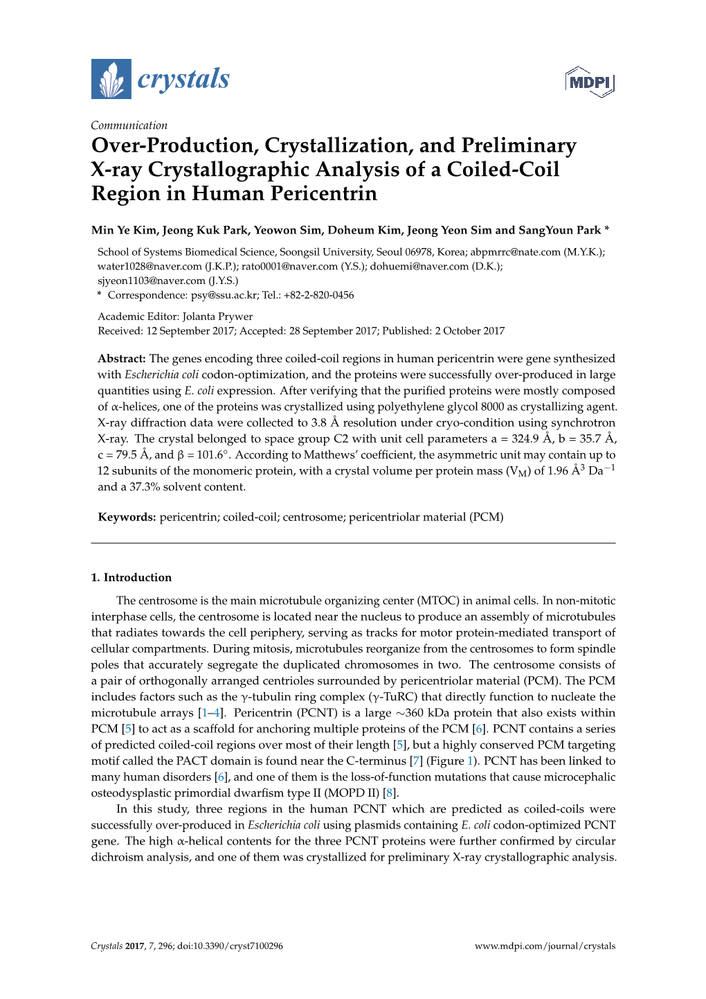 Over-Production, Crystallization, and Preliminary X-Ray Crystallographic Analysis of a Coiled-Coil Region in Human Pericentrin