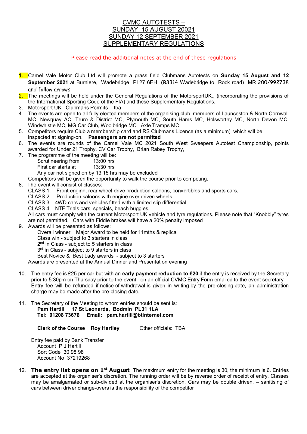 Cvmc Autotests – Sunday 15 August 20021 Sunday 12 September 2021 Supplementary Regulations