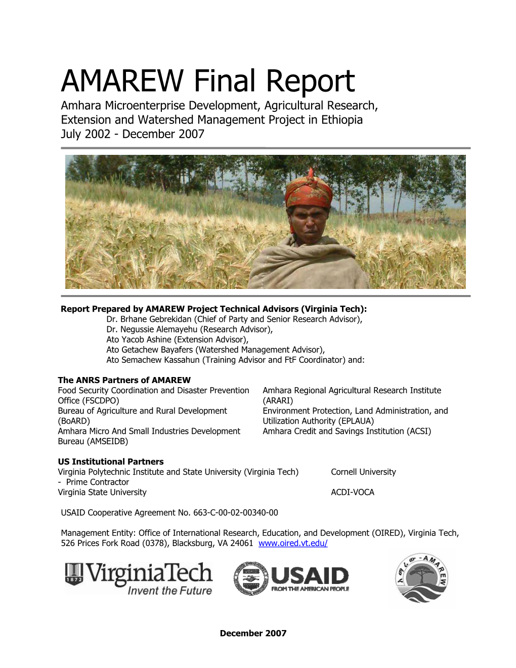 AMAREW Final Report Amhara Microenterprise Development, Agricultural Research, Extension and Watershed Management Project in Ethiopia July 2002 - December 2007