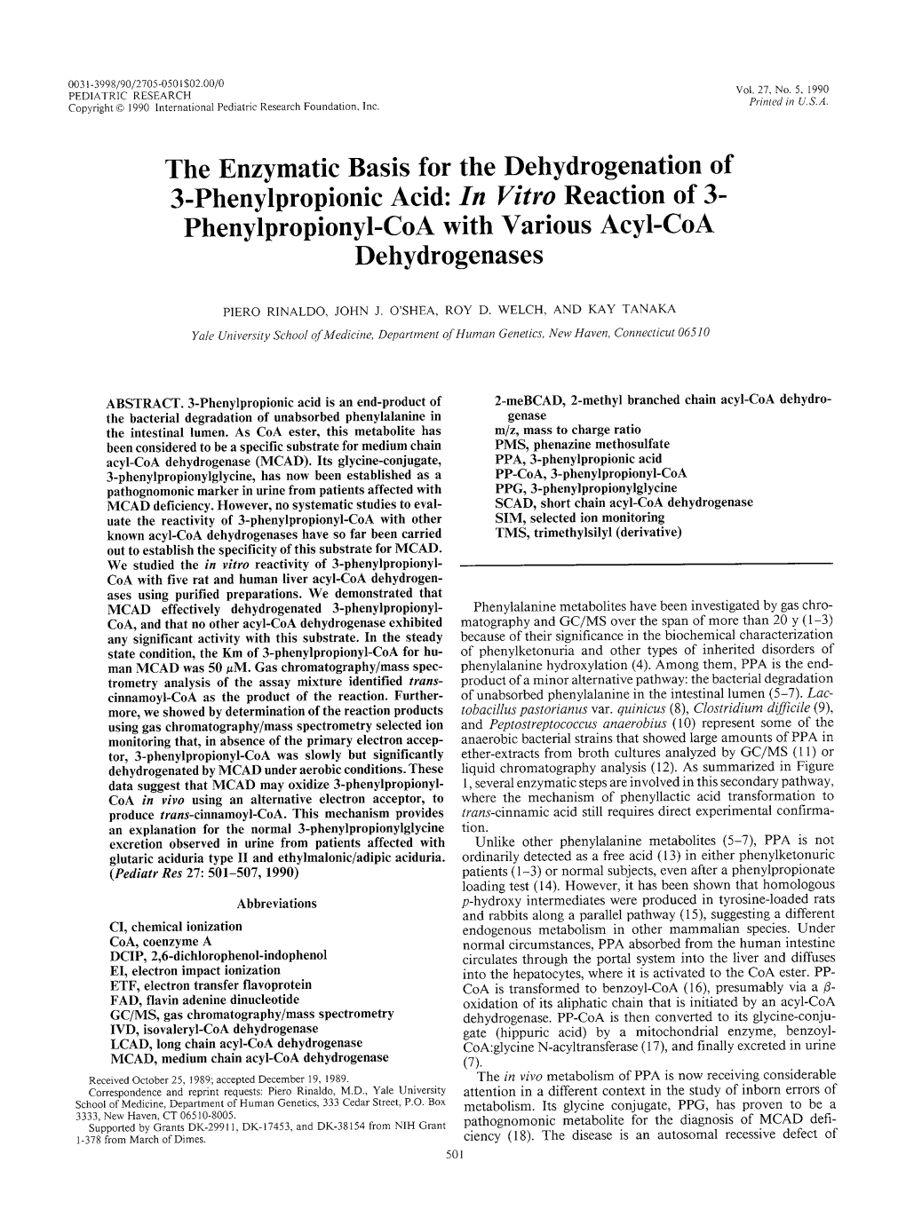 In Vitro Reaction of 3- Phenylpropionyl-Coa with Various Acyl-Coa Dehydrogenases