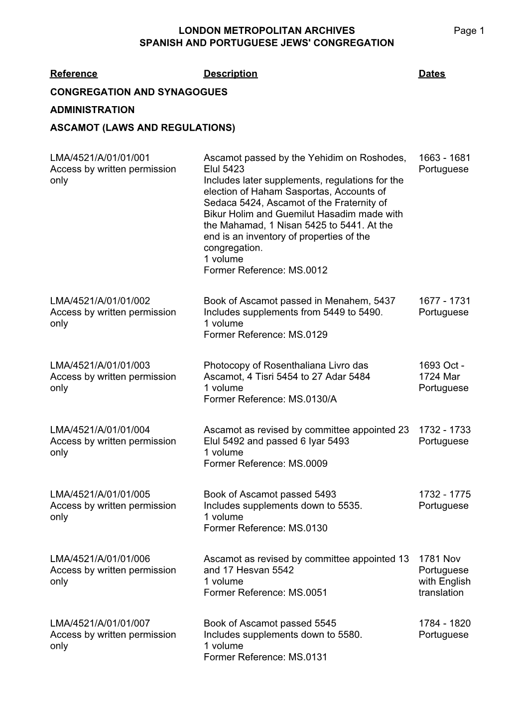 LMA/4521 Reference Description Dates CONGREGATION and SYNAGOGUES ADMINISTRATION ASCAMOT (LAWS and REGULATIONS)