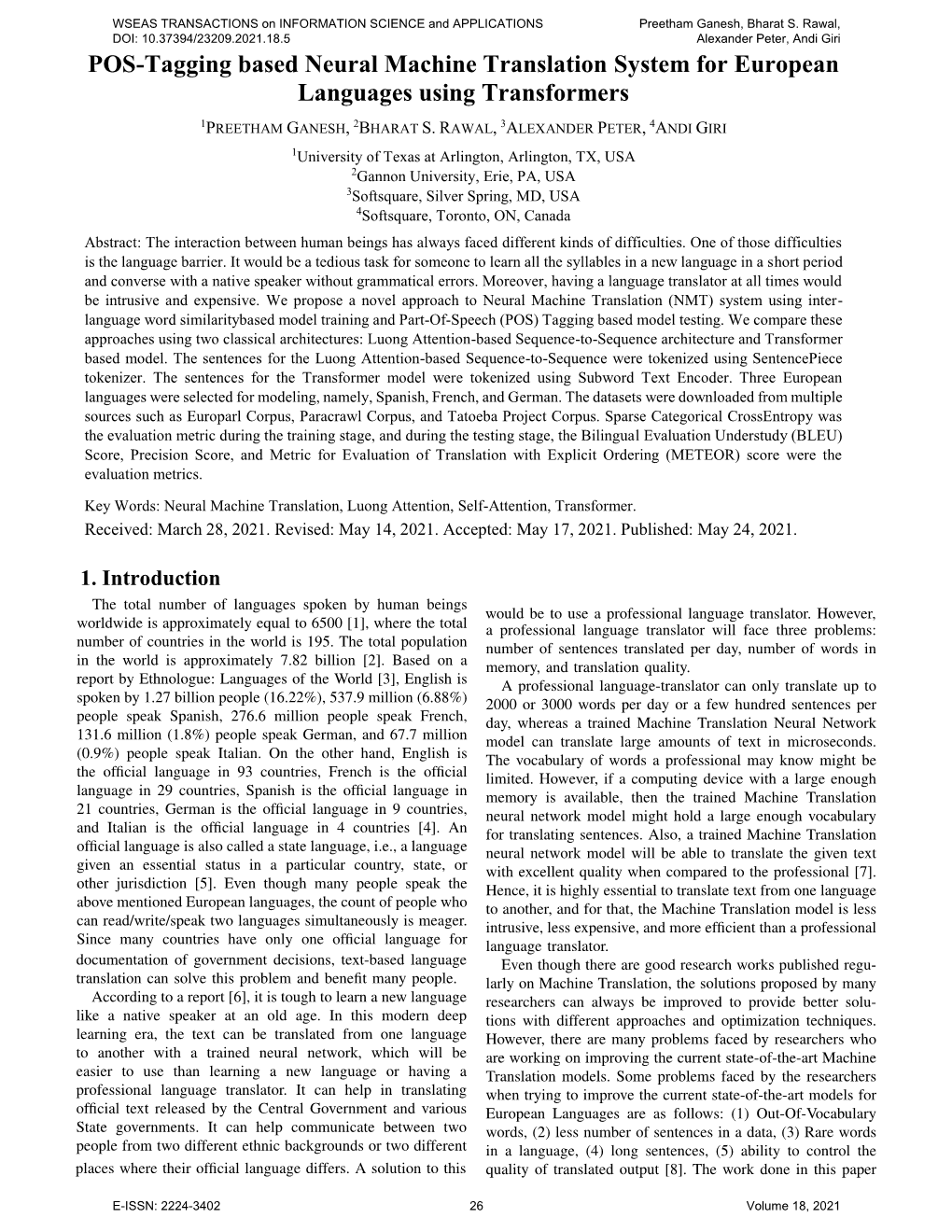 POS-Tagging Based Neural Machine Translation System for European Languages Using Transformers 1 2 3 4 PREETHAM GANESH, BHARAT S