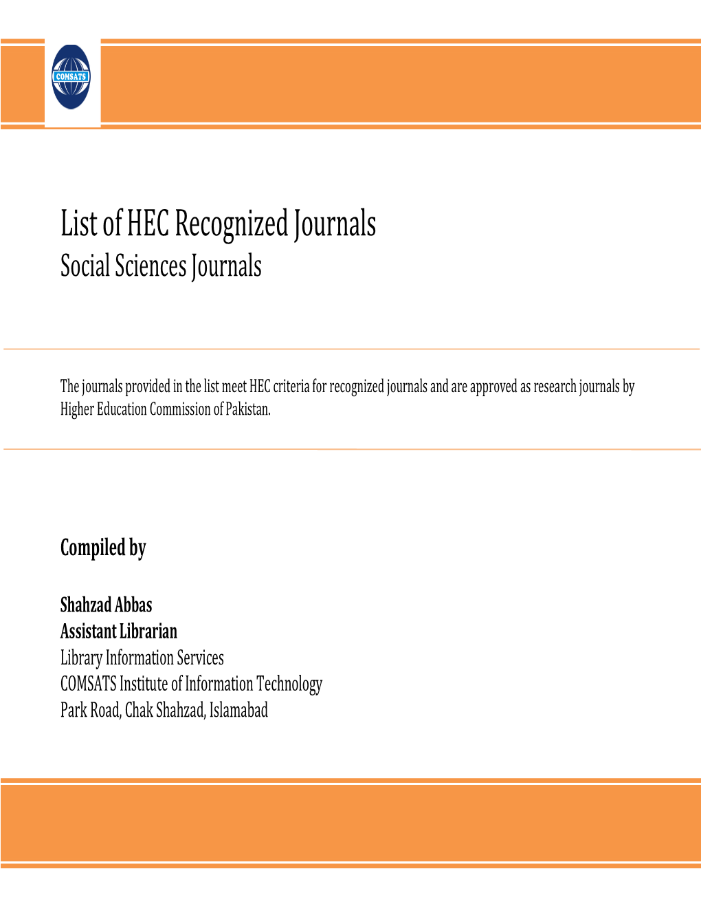List of HEC Recognized Journals Social Sciences Journals