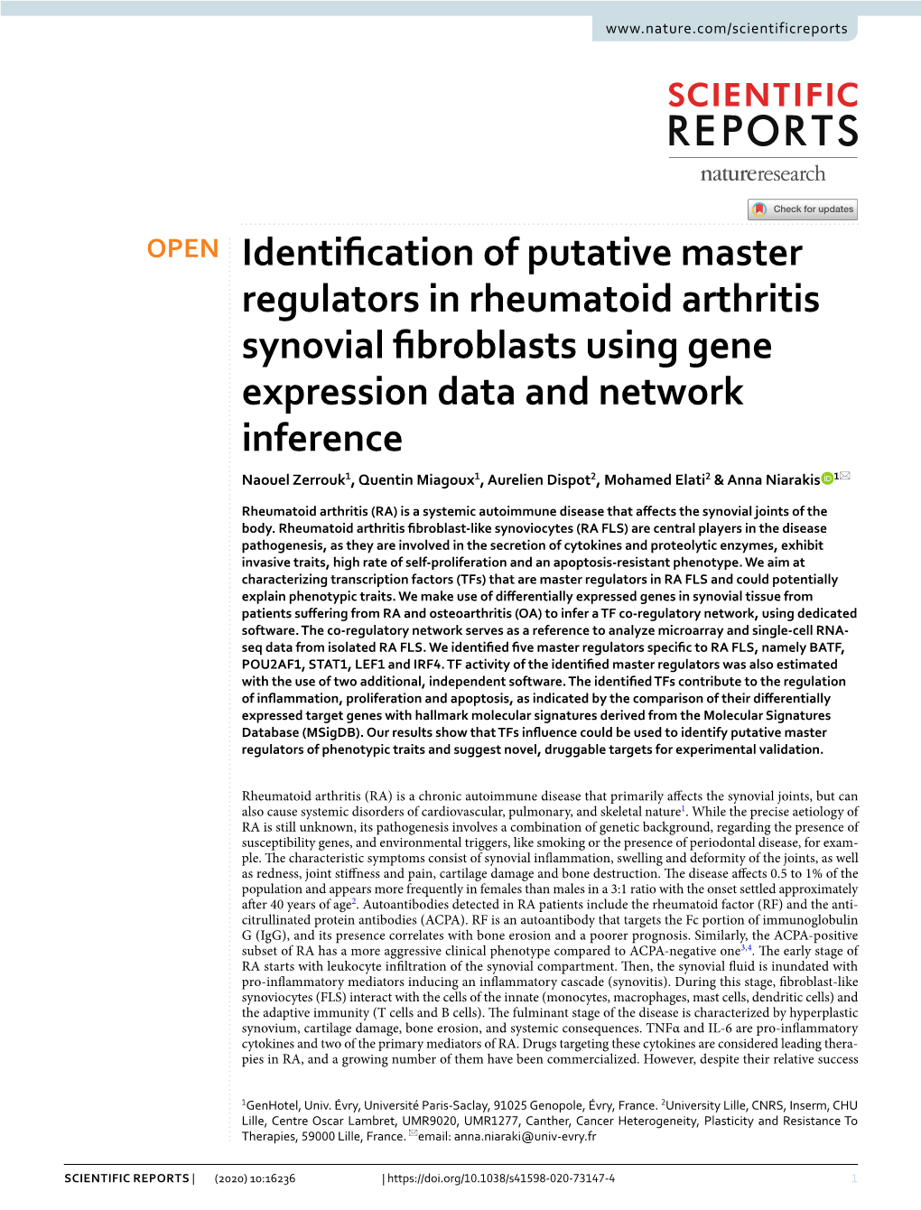 Identification of Putative Master Regulators in Rheumatoid Arthritis