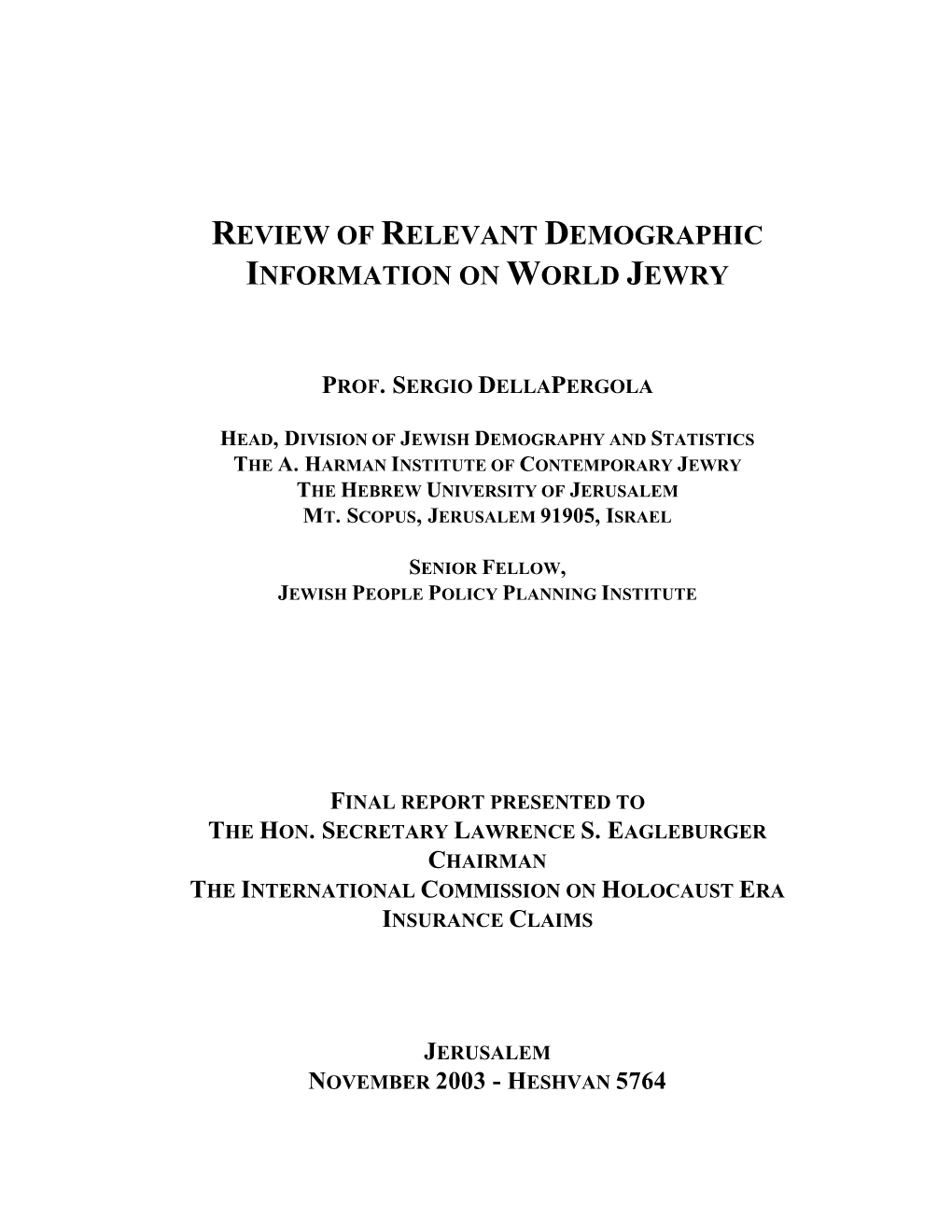 Review of Relevant Demographic Information on World Jewry