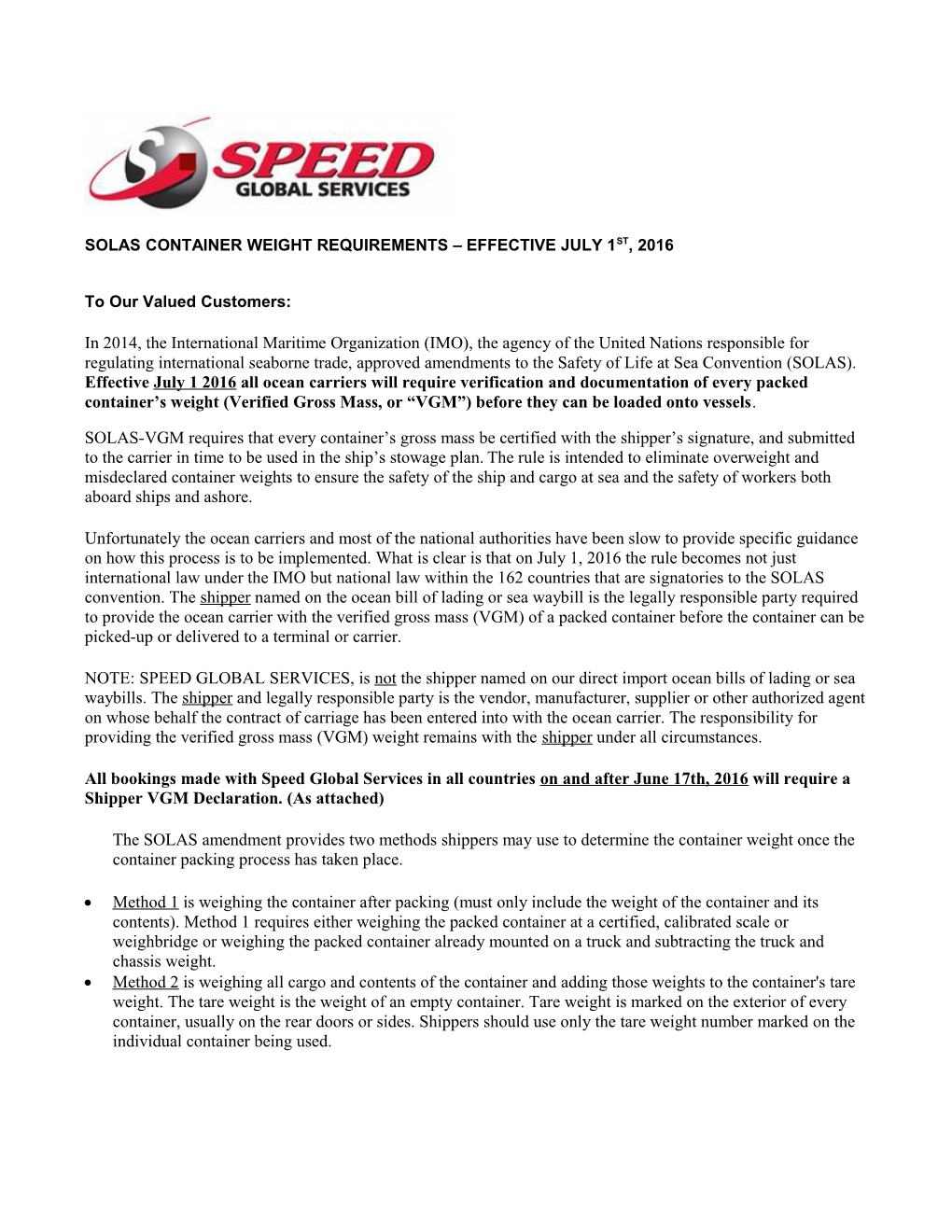 Solas Container Weight Requirements Effective July 1St, 2016