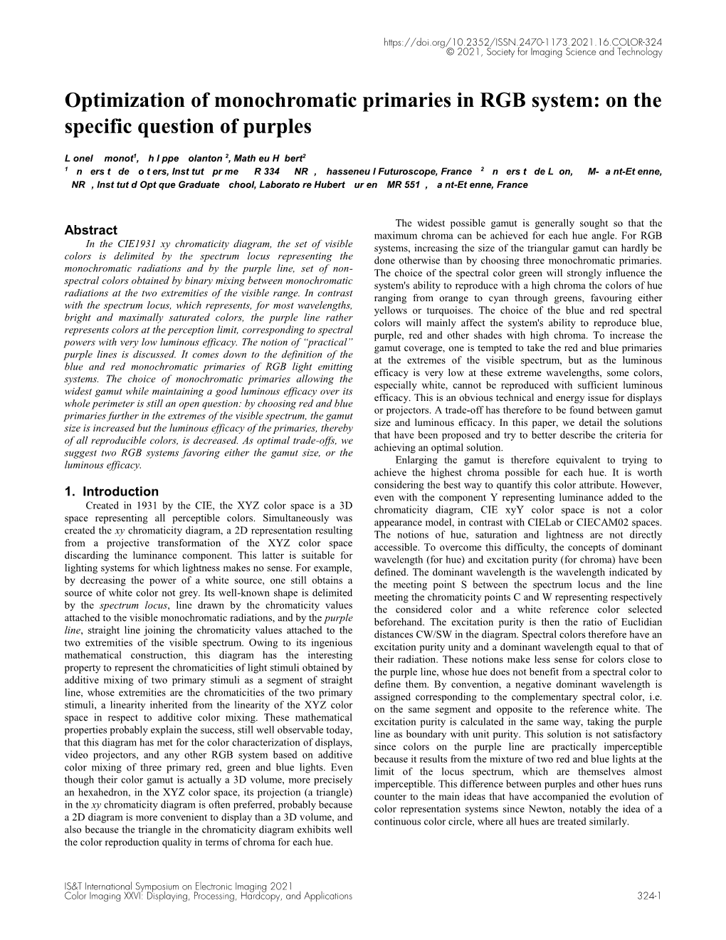 Optimization of Monochromatic Primaries in RGB System: on the Specific Question of Purples