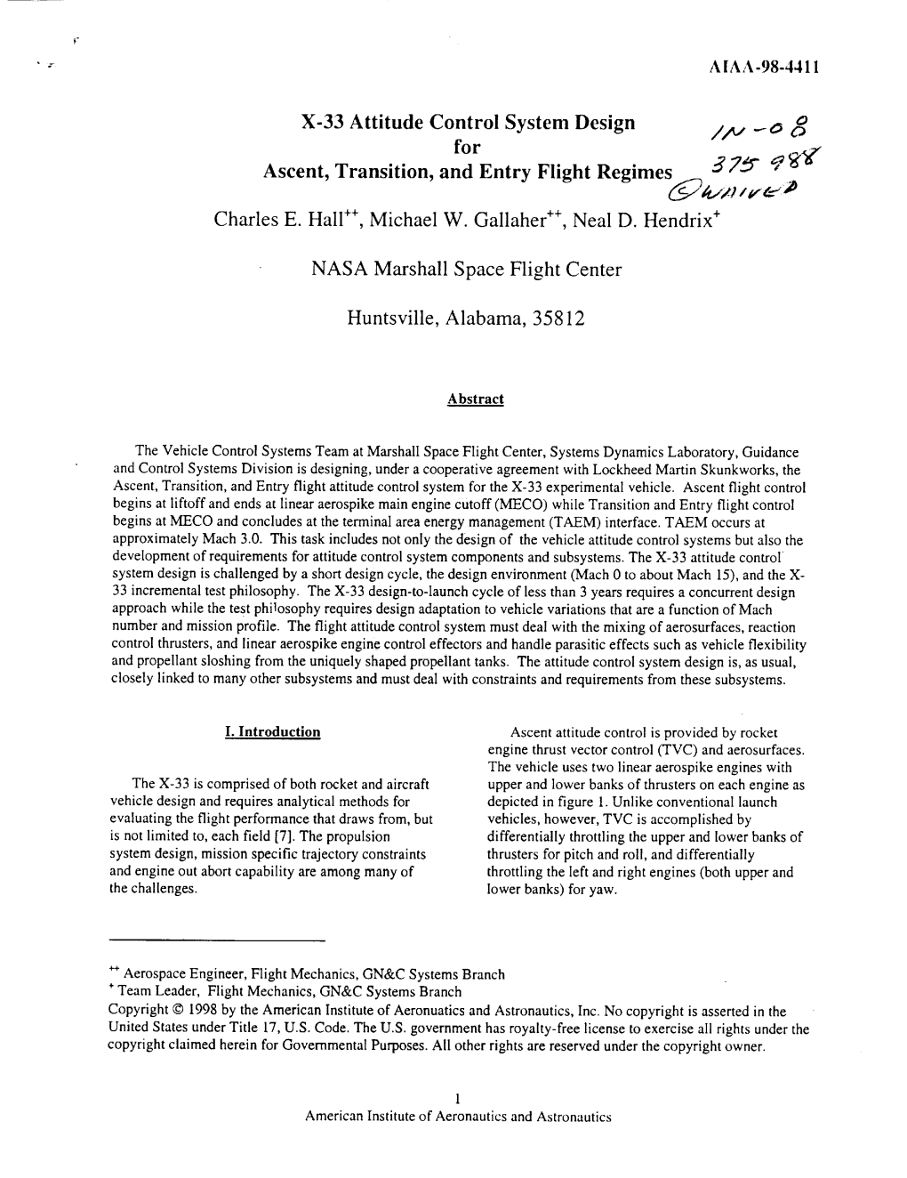 X-33 Attitude Control System Design //T,, -O for Ascent, Transition, and Entry Flight Regimes 3 7-5" ,A'__ K