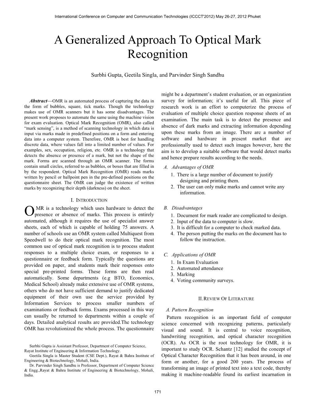 A Generalized Approach to Optical Mark Recognition