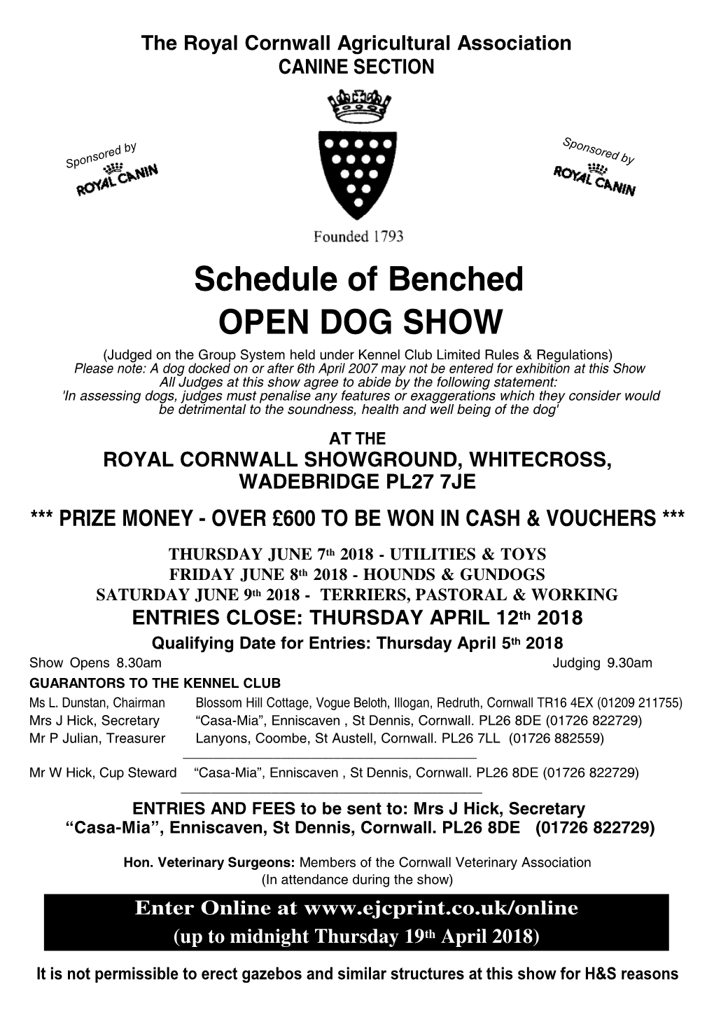 Schedule of Benched OPEN DOG SHOW